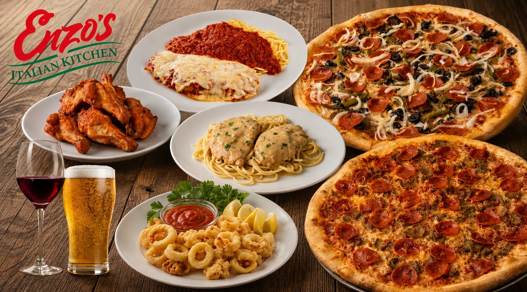 Italian restaurant spread with pizza, chicken parmesan, pasta, wings, and calamari