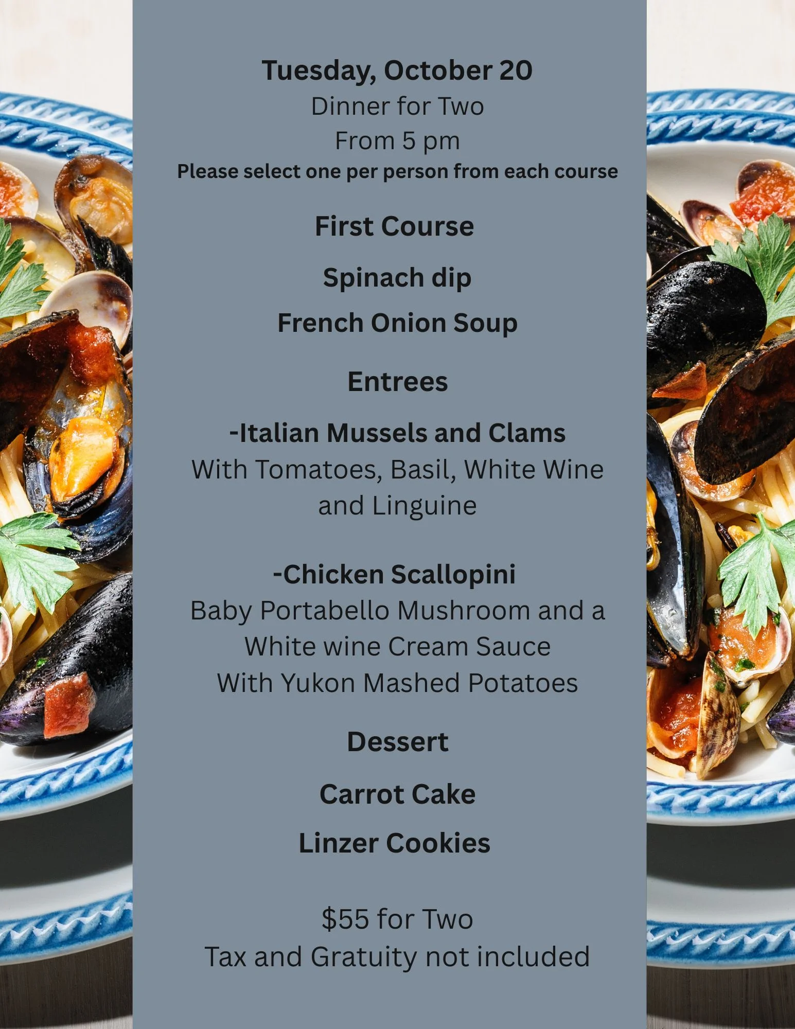 Restaurant dinner menu graphic with seafood pasta background
