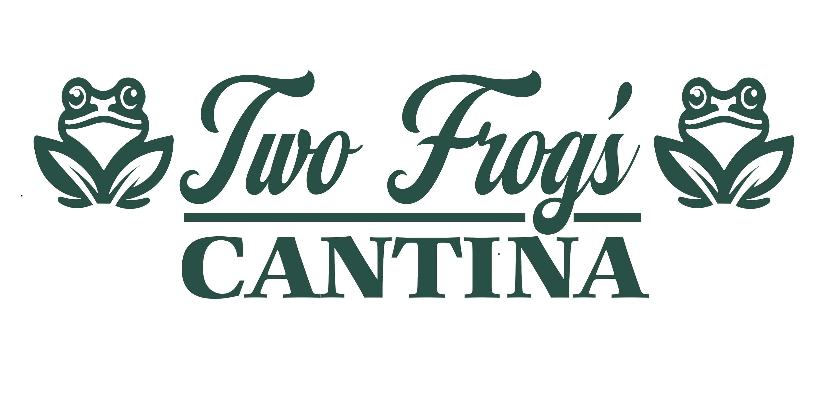 A logo featuring two frog illustrations on either side of the text 'Two Frog's Cantina'. The design is elegant and playful.