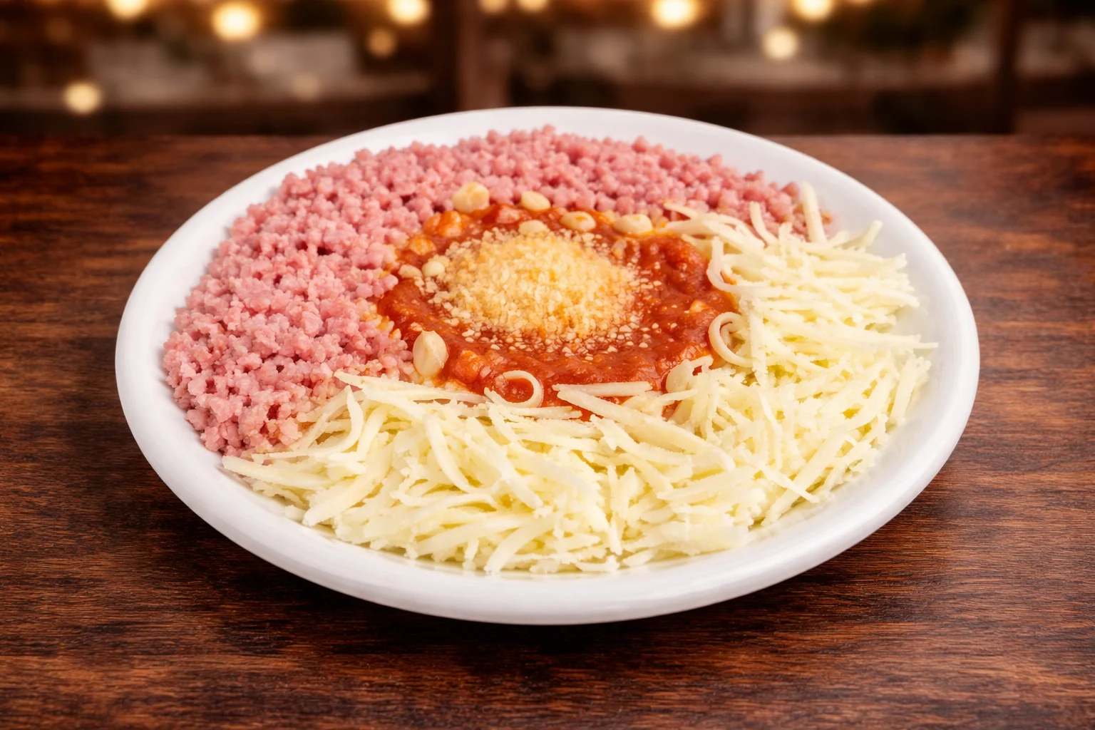 Traditional Brazilian prato feito with ham, cheese, and tomato sauce