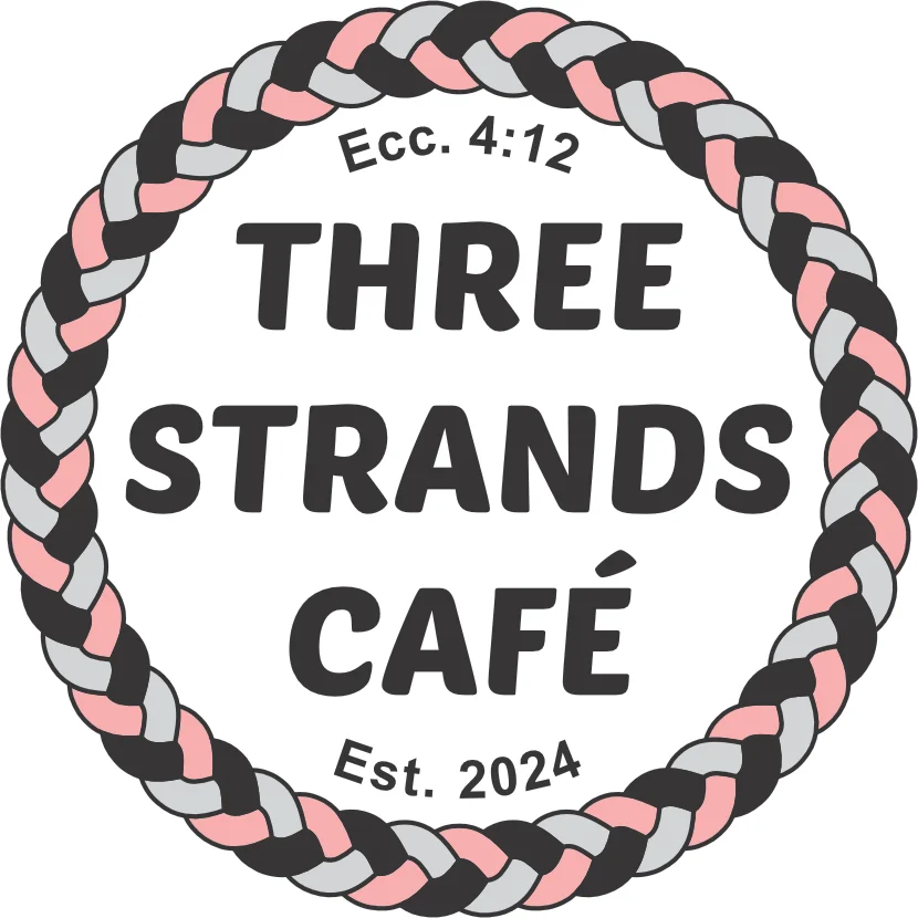 A colorful logo featuring the text 'Three Strands Café' surrounded by a braided design.