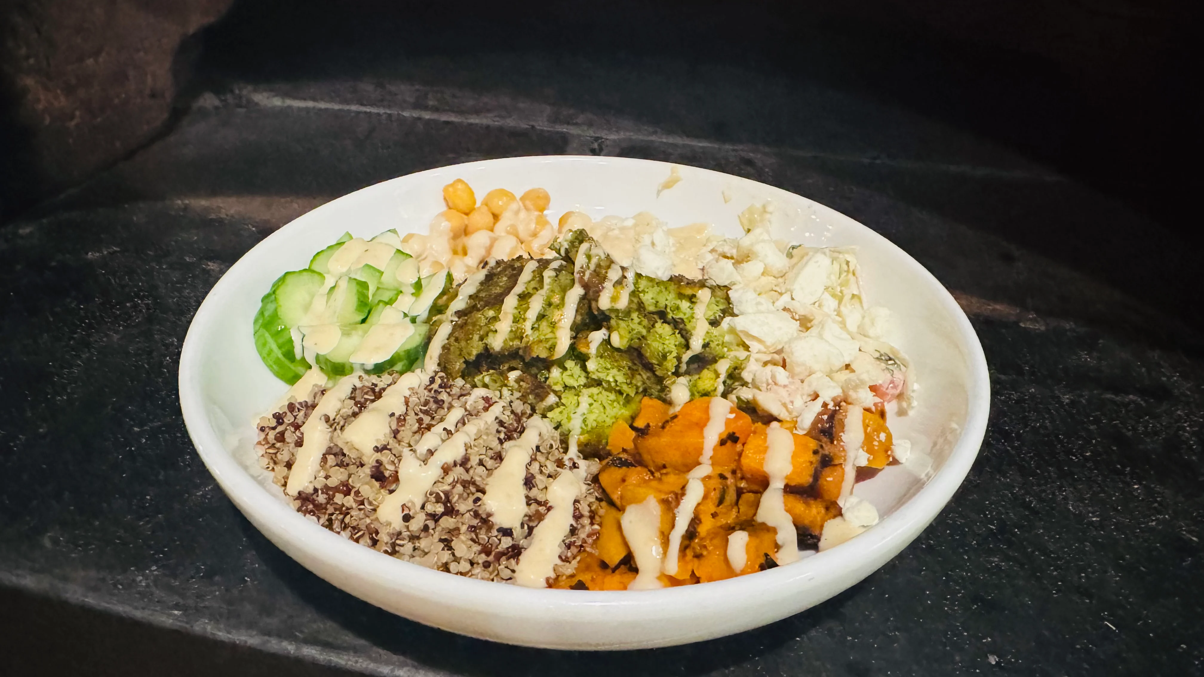 Mediterranean grain bowl with quinoa and roasted vegetables