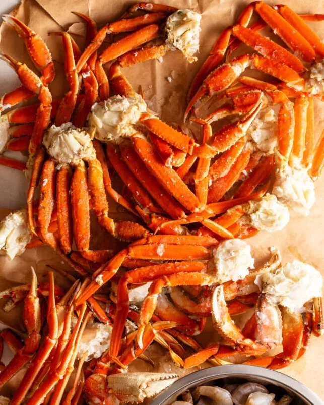 Freshly steamed crab legs and shrimp platter