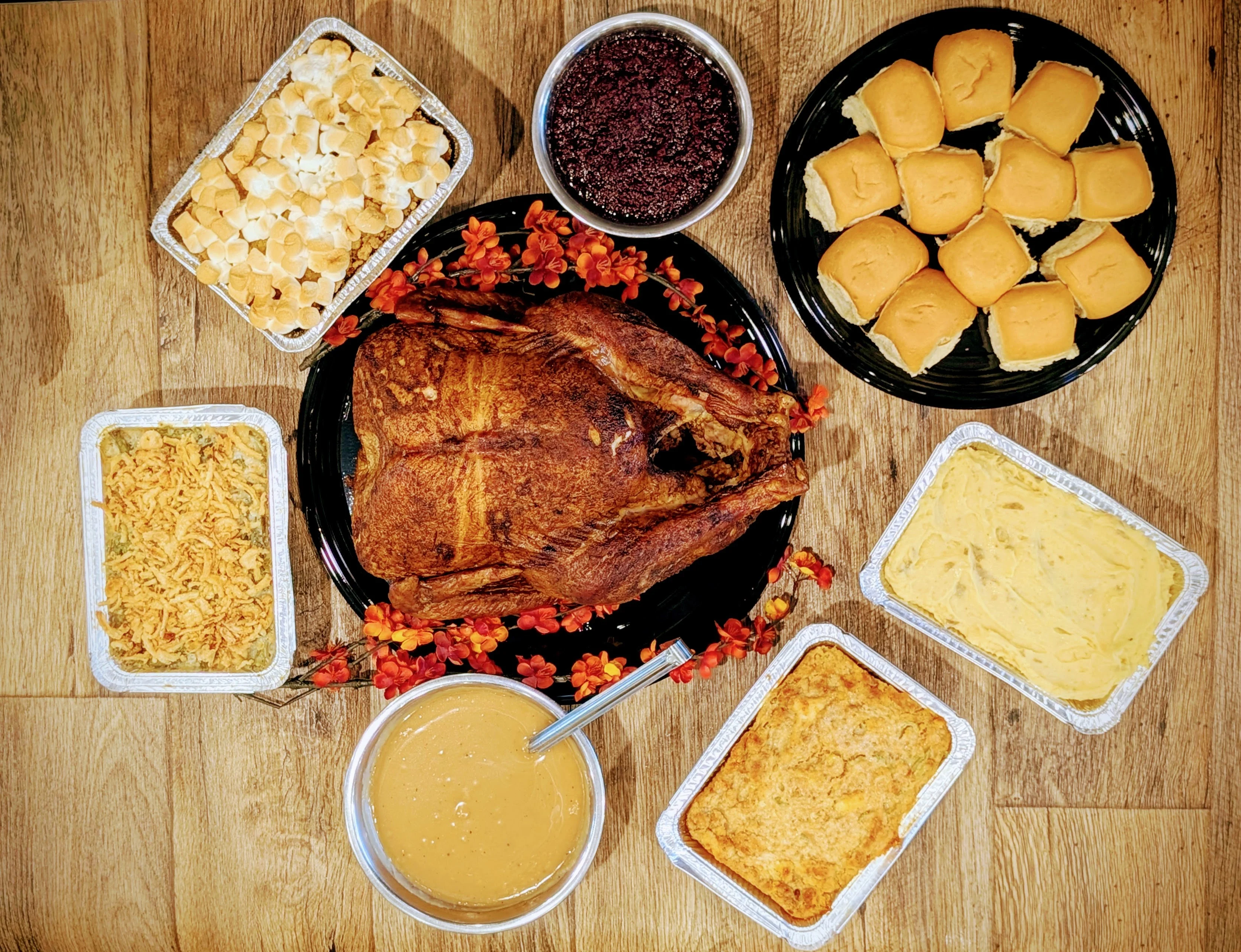 Southern-style Thanksgiving feast with roasted turkey and sides