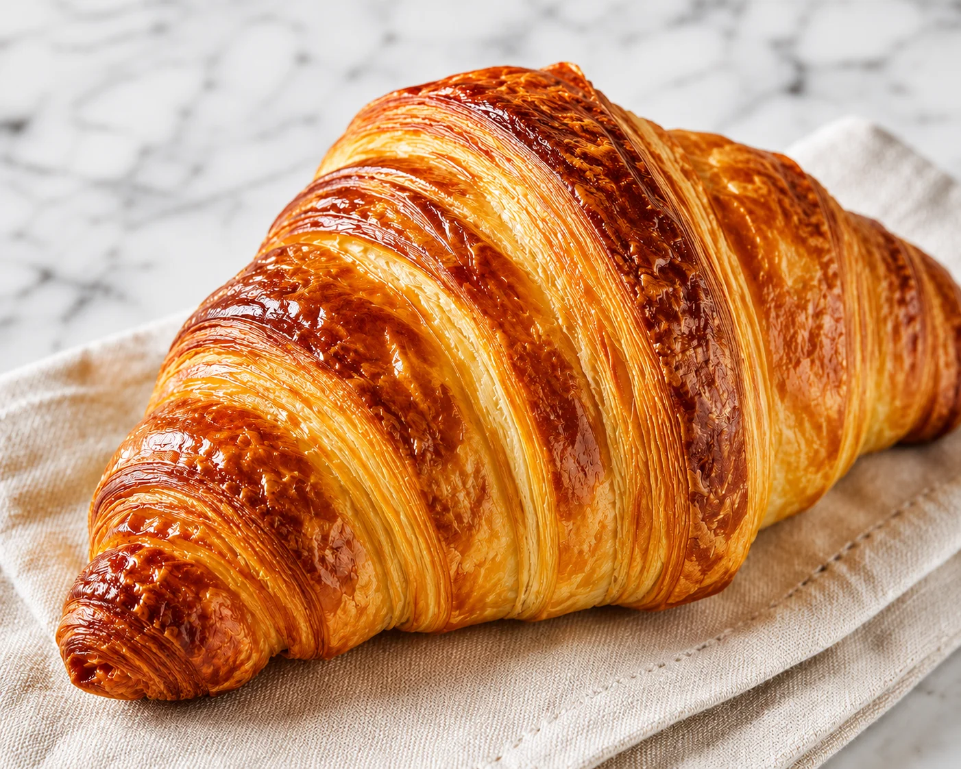A single buttery croissant with a spiral shape, showcasing its flaky layers.