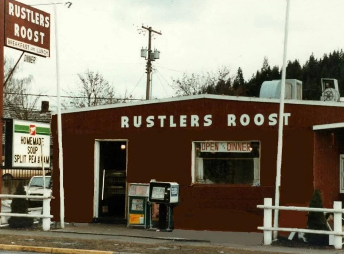 Exterior view of Rustlers Roost diner with signage