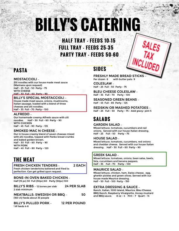 Catering menu featuring Italian pasta and sides