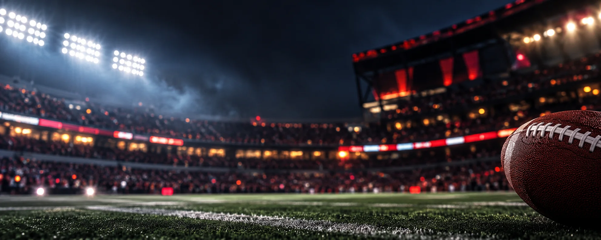 Football on the field at a night game with stadium lights