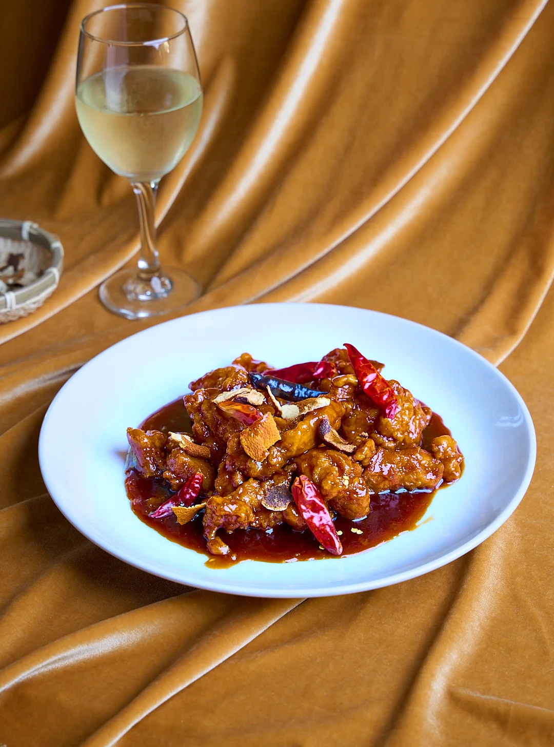 Sweet and spicy General Tso's chicken served with dried chilies