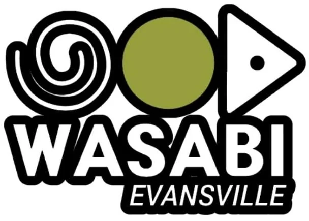 Logo of Wasabi restaurant in Evansville, featuring sushi elements