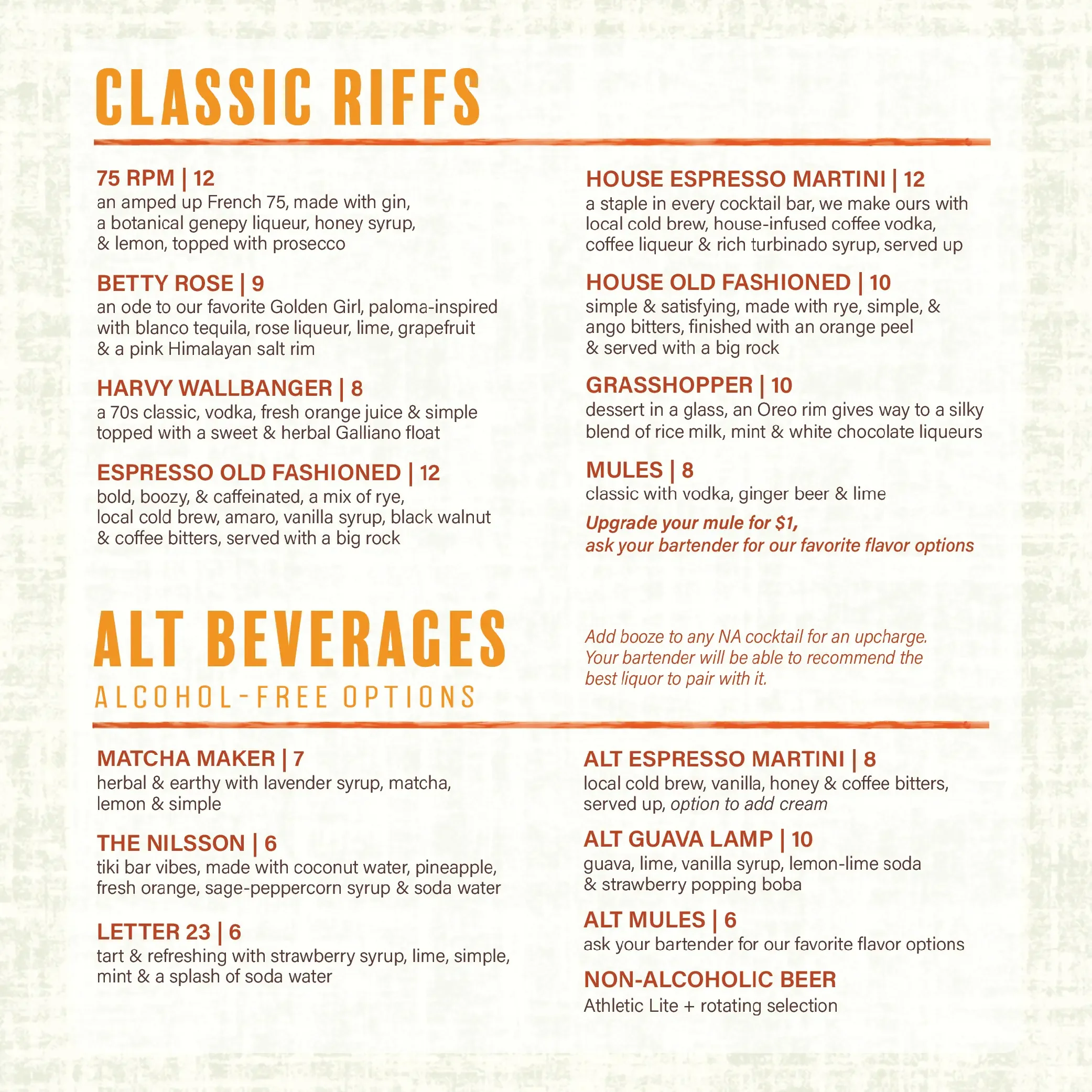 Menu featuring classic cocktails and alcohol-free options.