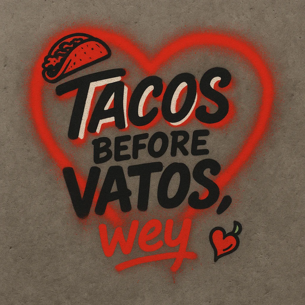 Colorful graphic saying 'Tacos before vatos, wey' with taco illustration