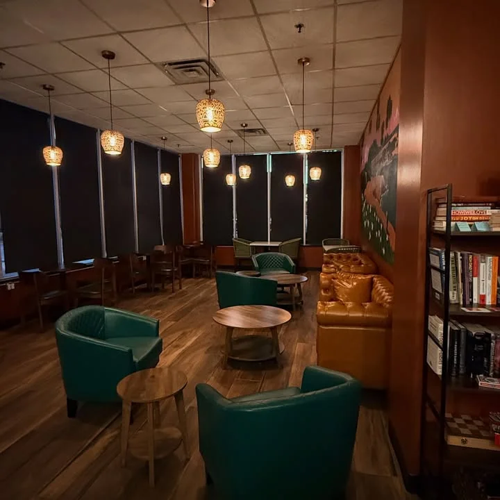 Cozy restaurant interior with stylish seating and warm lighting