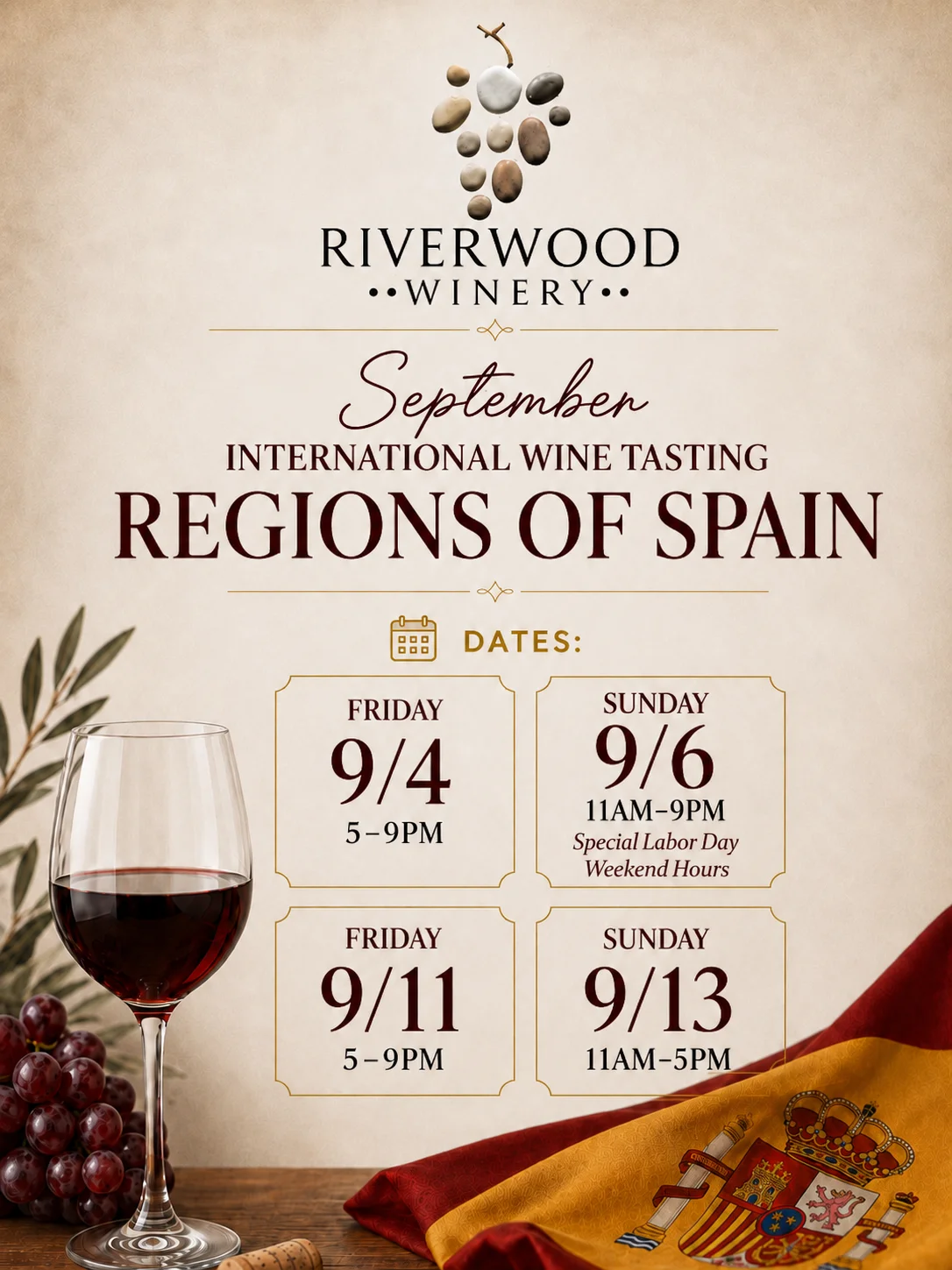 Wine tasting event showcasing Spanish wines at Riverwood Winery