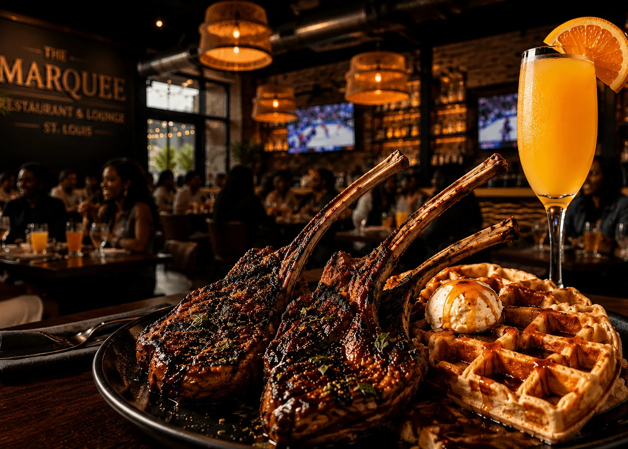 Savory Southern-style chicken and waffles with a mimosa