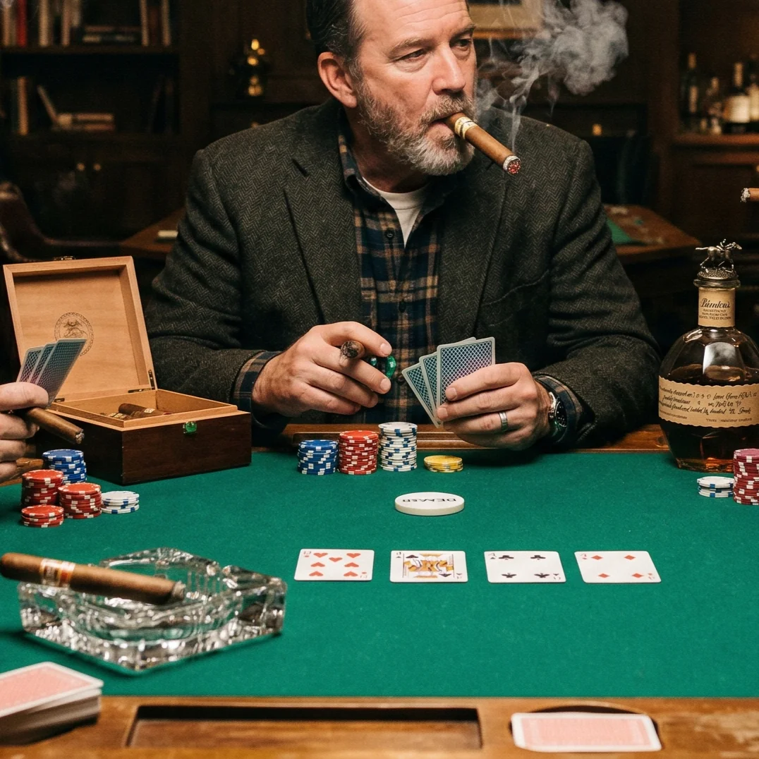 A group of people engaged in a card game on a green felt table. One individual is smoking a cigar while holding playing cards and chips, surrounded by a wooden box and a bottle of liquor.