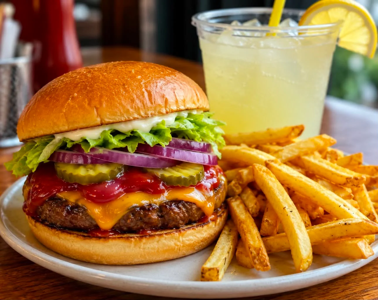 A delicious cheeseburger topped with lettuce, pickles, onions, ketchup, and mayonnaise, served with a side of crispy fries and a refreshing drink.