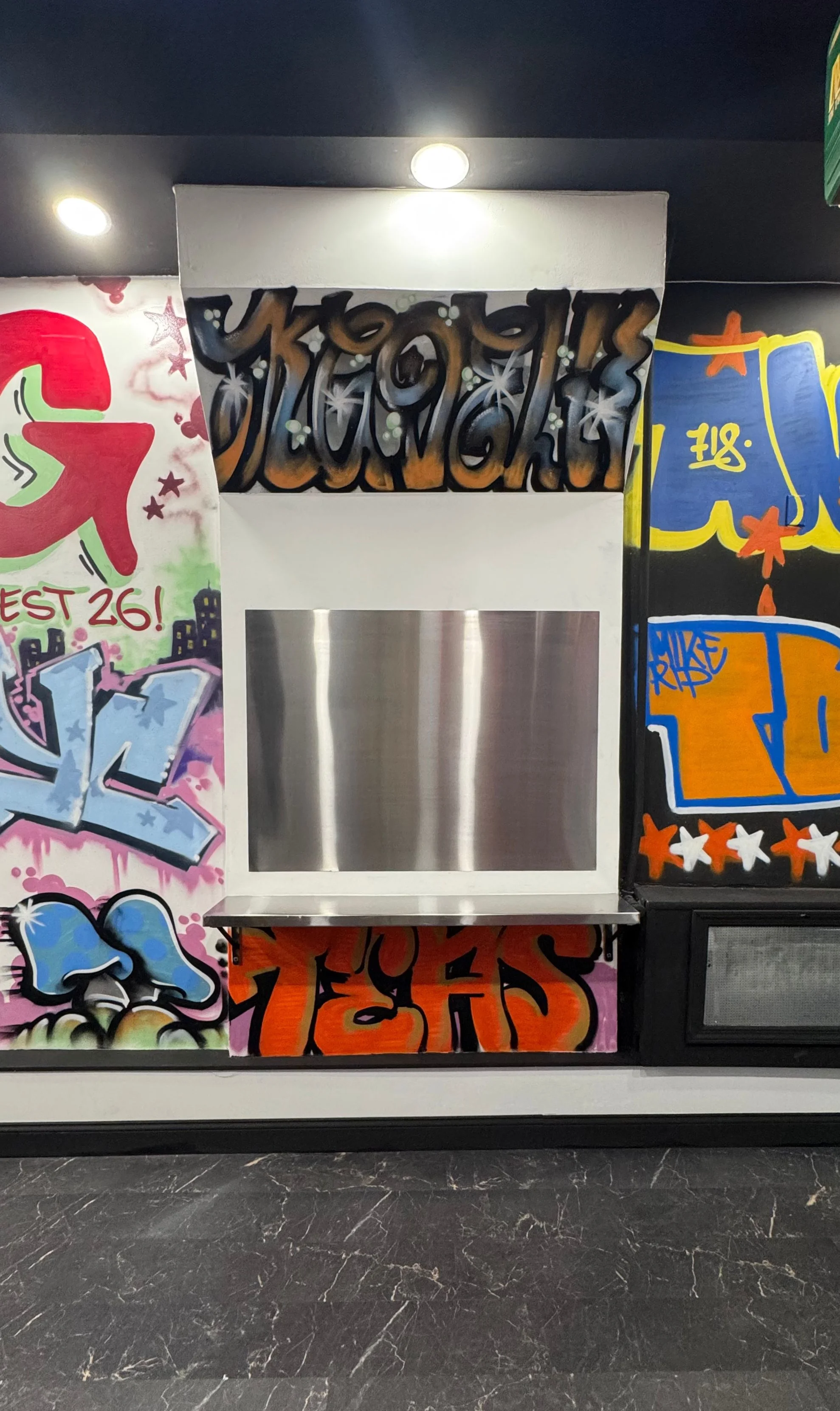 Vibrant graffiti art in a modern restaurant interior