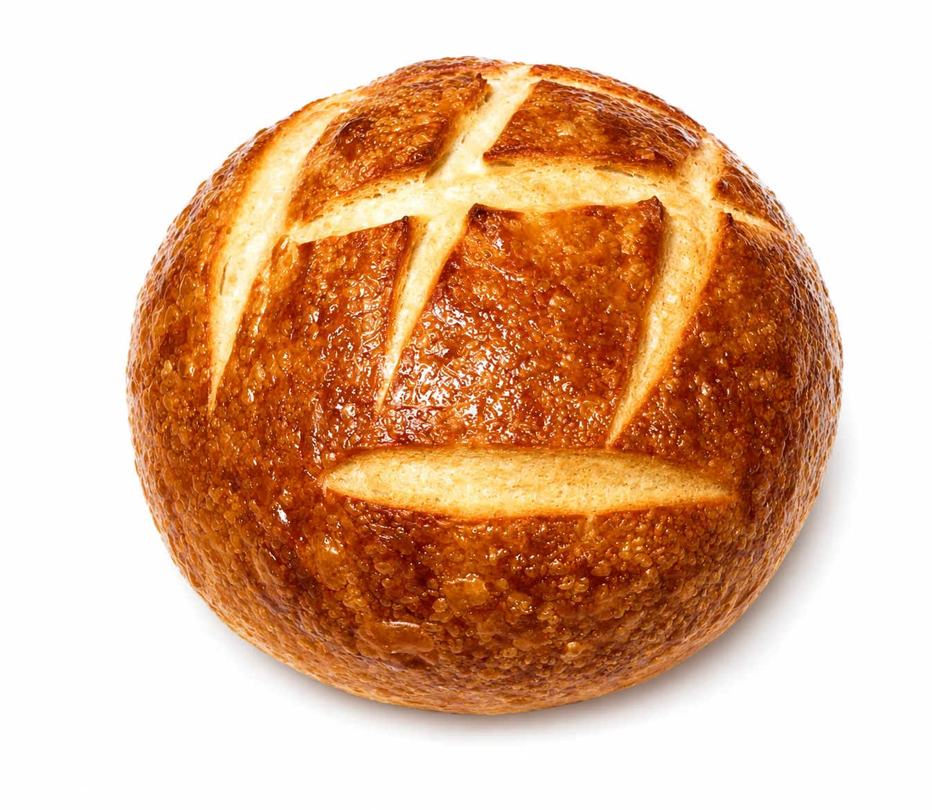 Freshly baked round bread with a golden crust and decorative scoring.