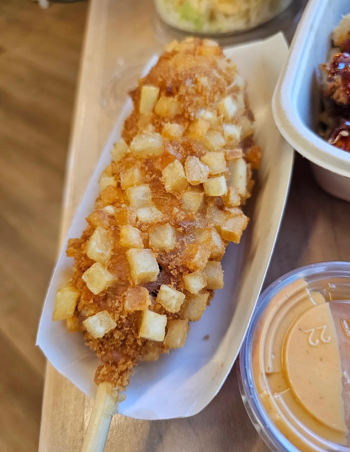 Korean corn dog with crispy potato cubes