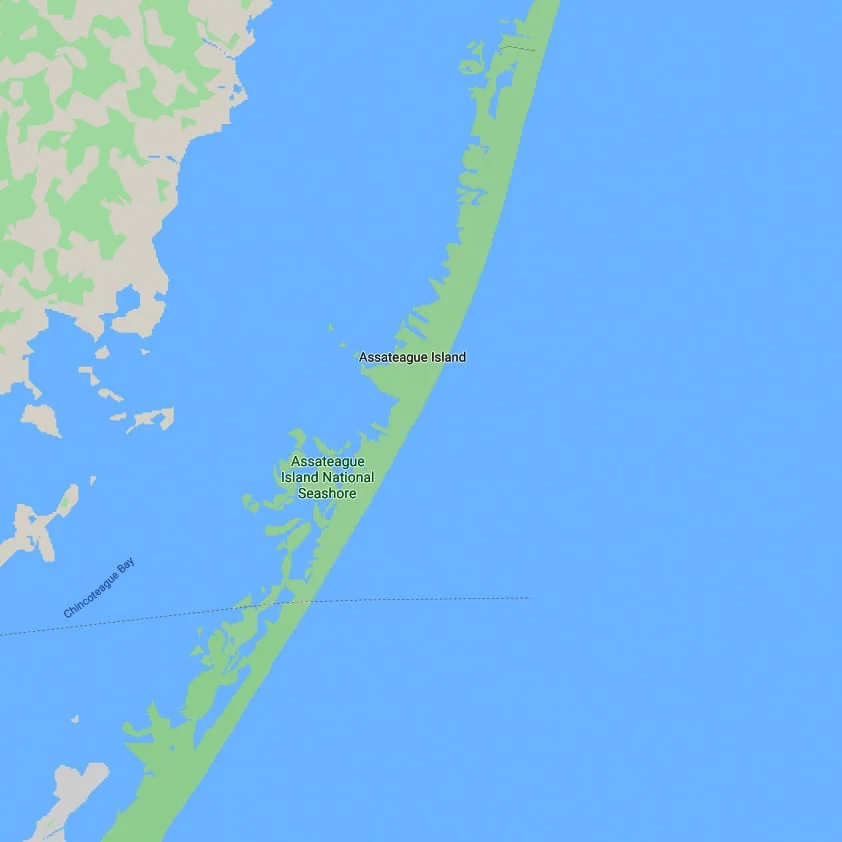 Map showing Assateague Island and National Seashore