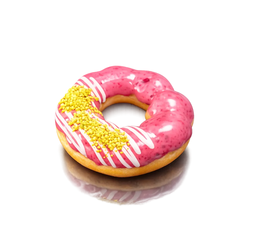 Close-up of strawberry mochi donut with vibrant icing and creative toppings