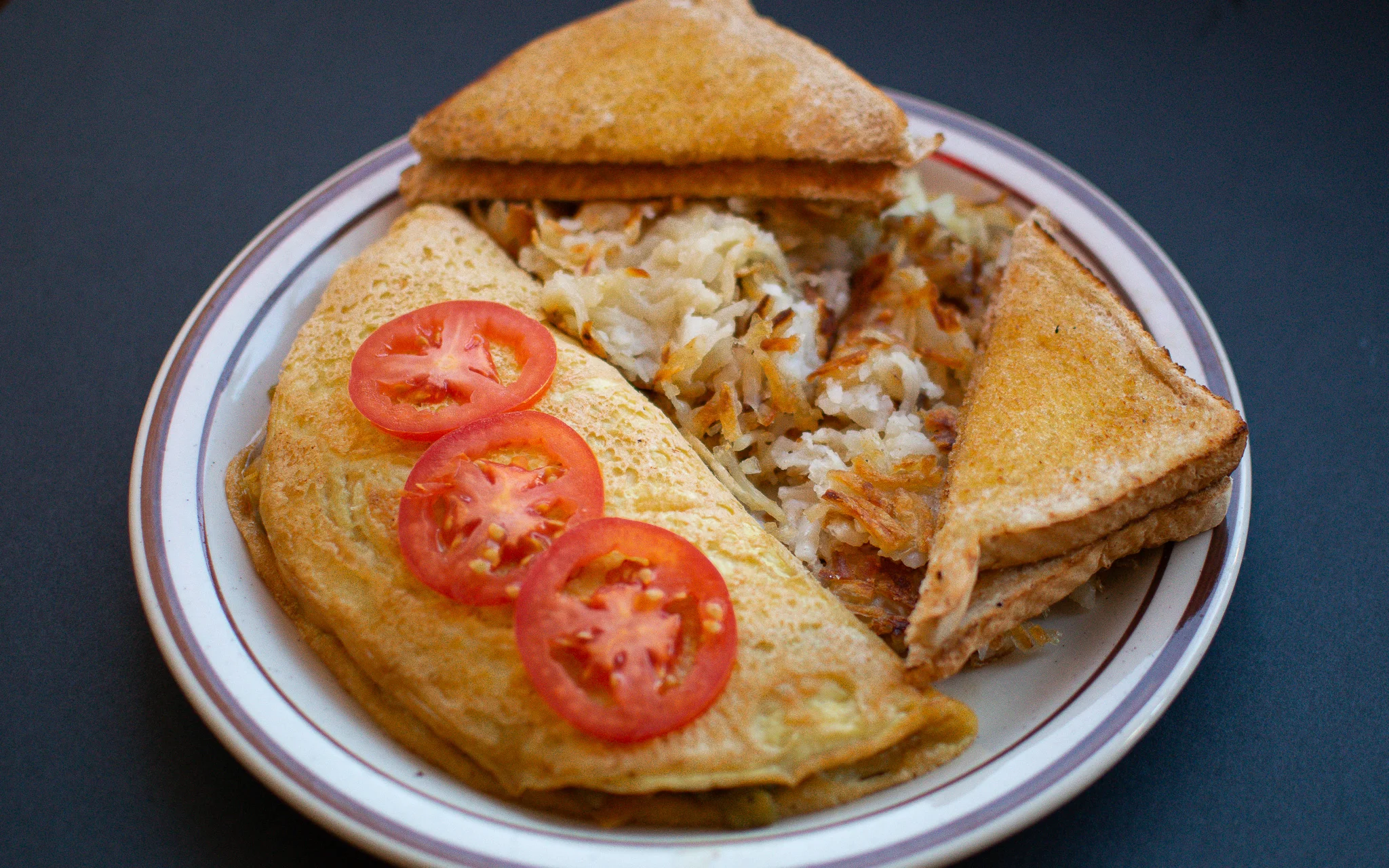 Classic American breakfast with omelette and toast