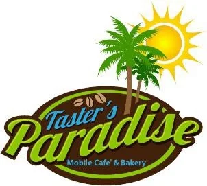 A logo for a mobile cafe and bakery featuring palm trees and a sun.