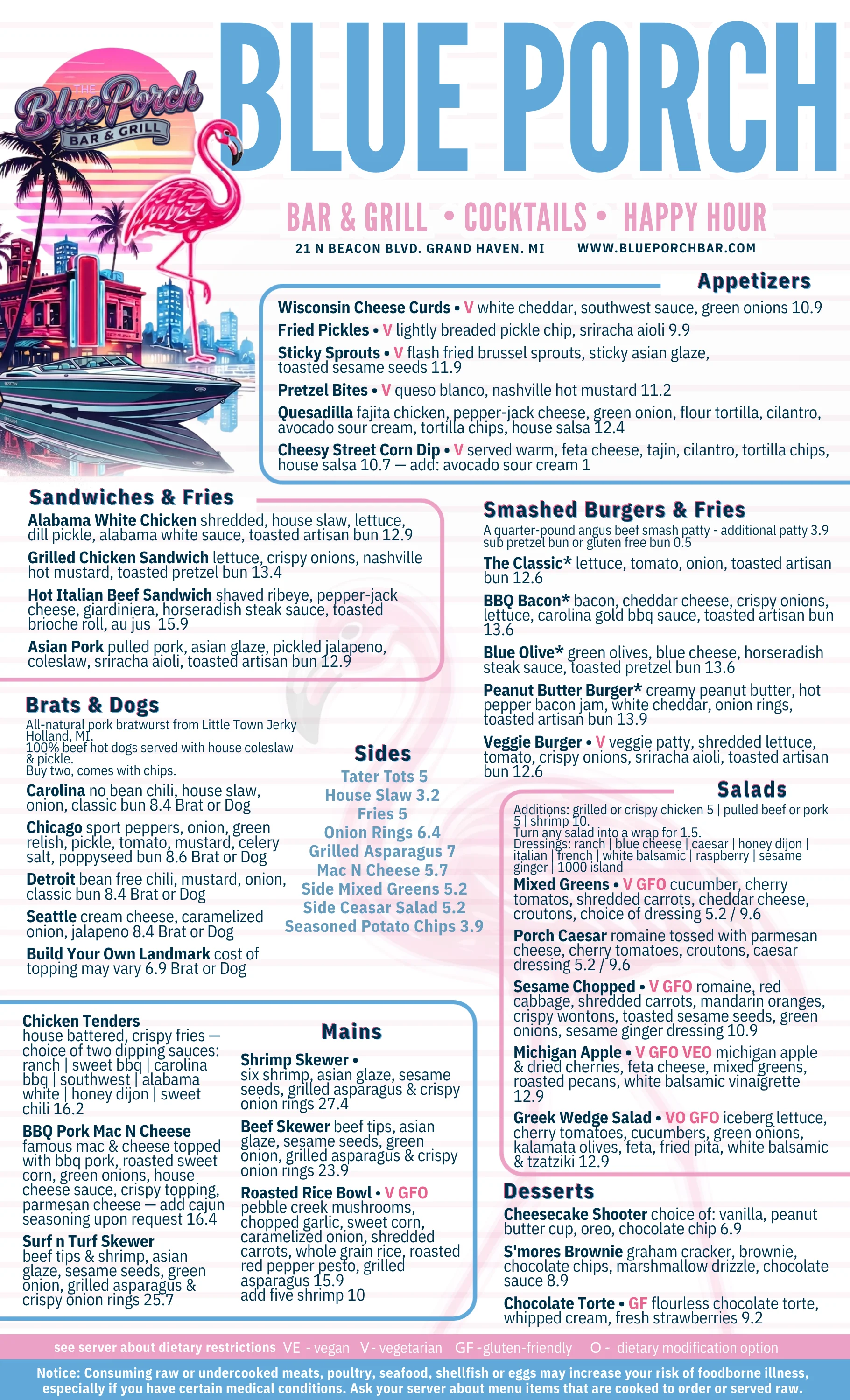 Menu for Blue Porch Bar & Grill featuring appetizers, sandwiches, and more.