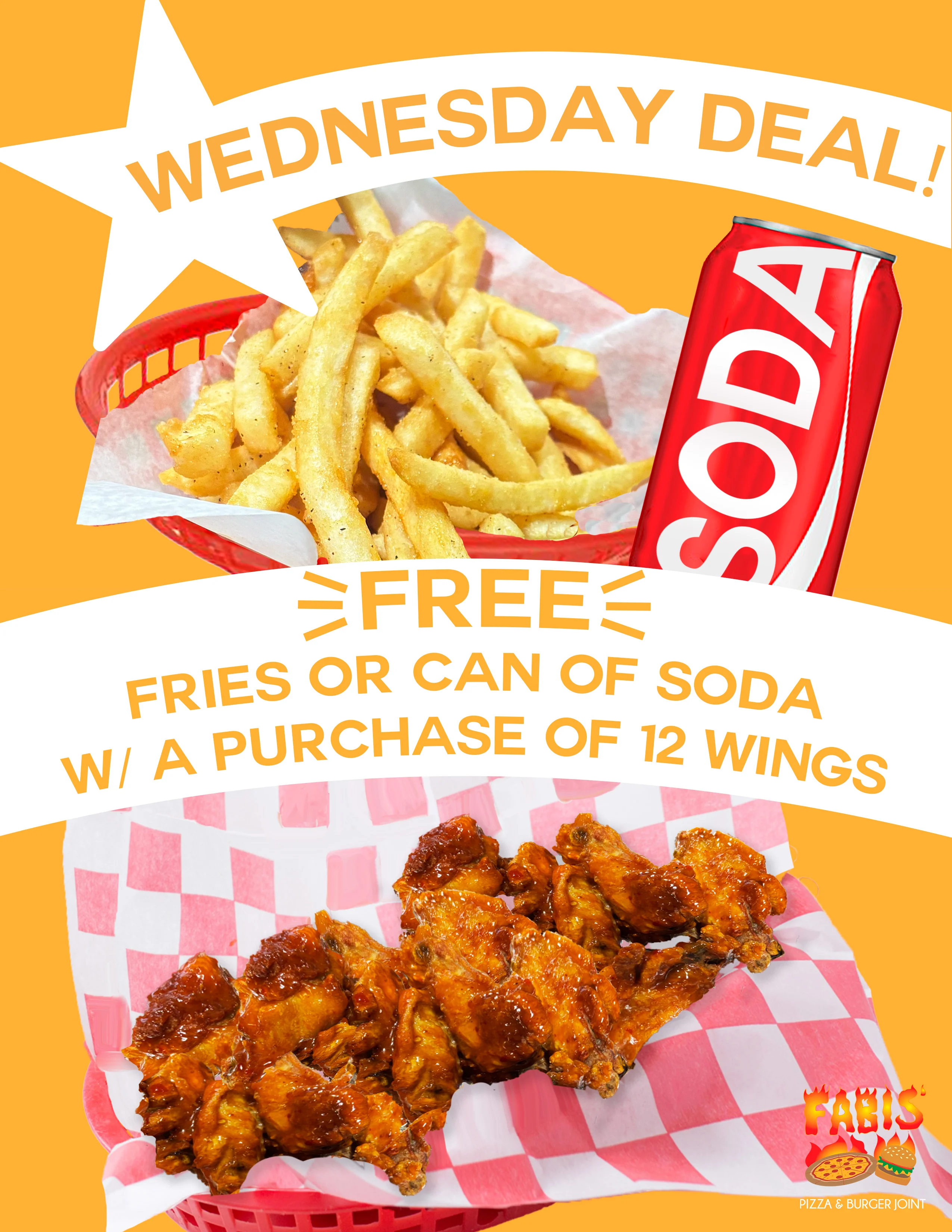 Crispy chicken wings with fries and soda in a vibrant restaurant setting