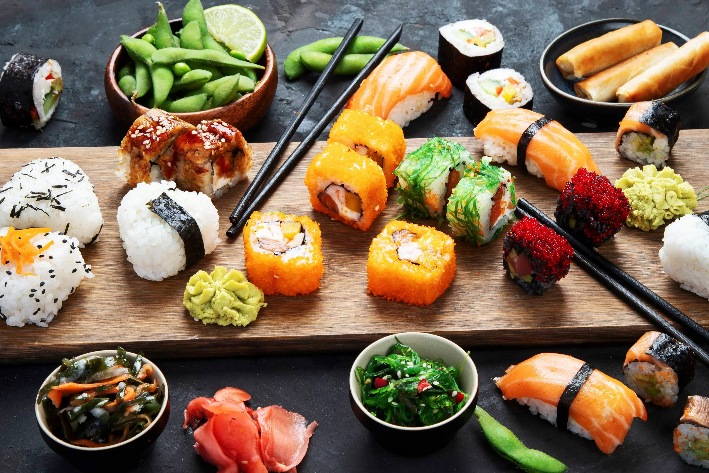 Assorted sushi platter with rolls and sashimi