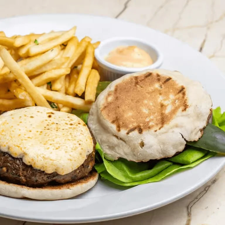 Gourmet burger with melted cheese and fries on a white plate