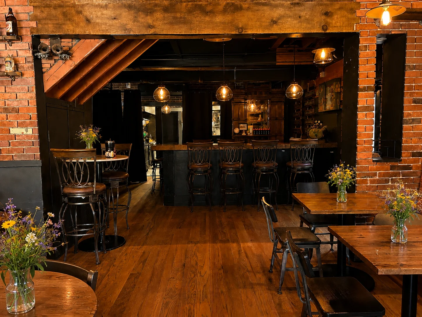 Cozy restaurant interior with exposed brick and warm lighting