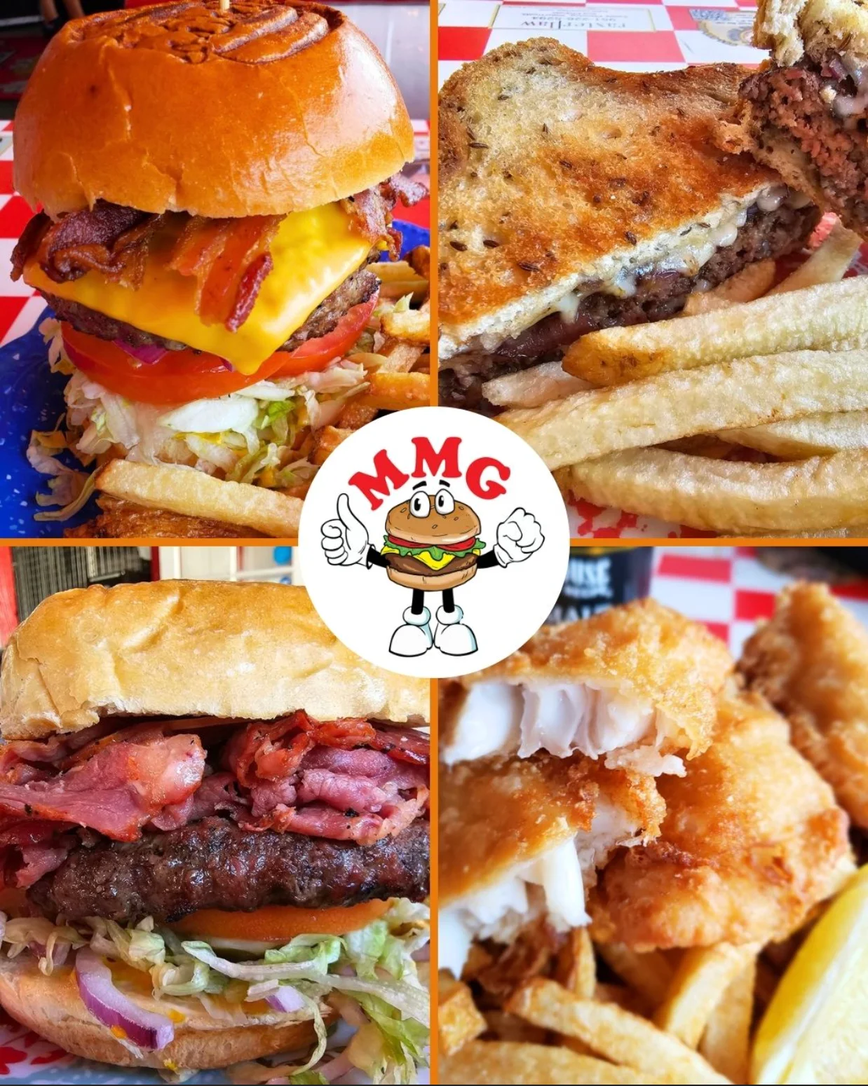 Hearty American burgers and fish and chips platter