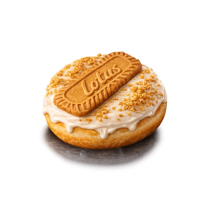 Close-up of vegan biscoff donut with vibrant icing and creative toppings