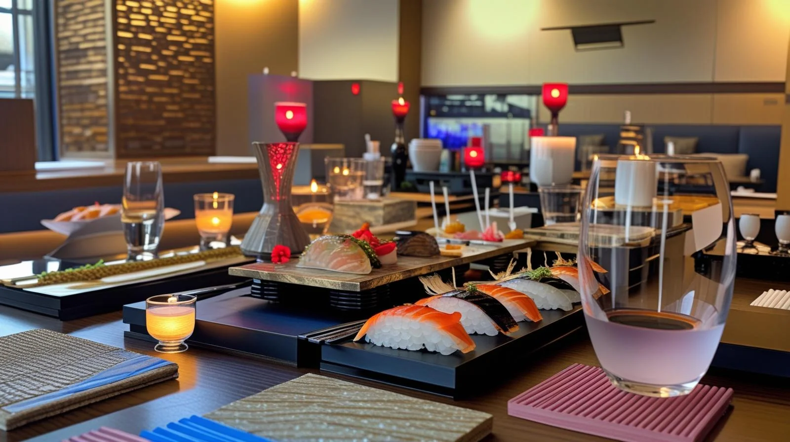 Elegant sushi platter in a modern Japanese restaurant setting