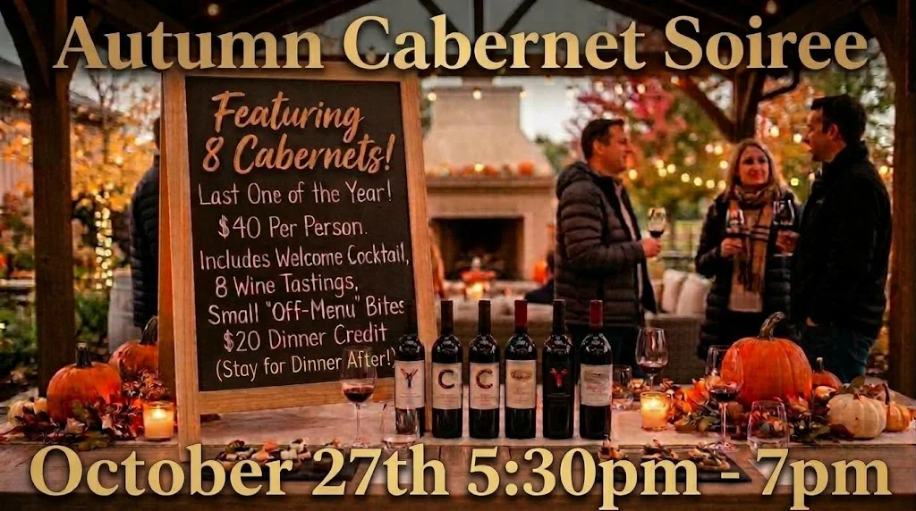 Autumn wine tasting event poster with Cabernet bottles and fall restaurant decor