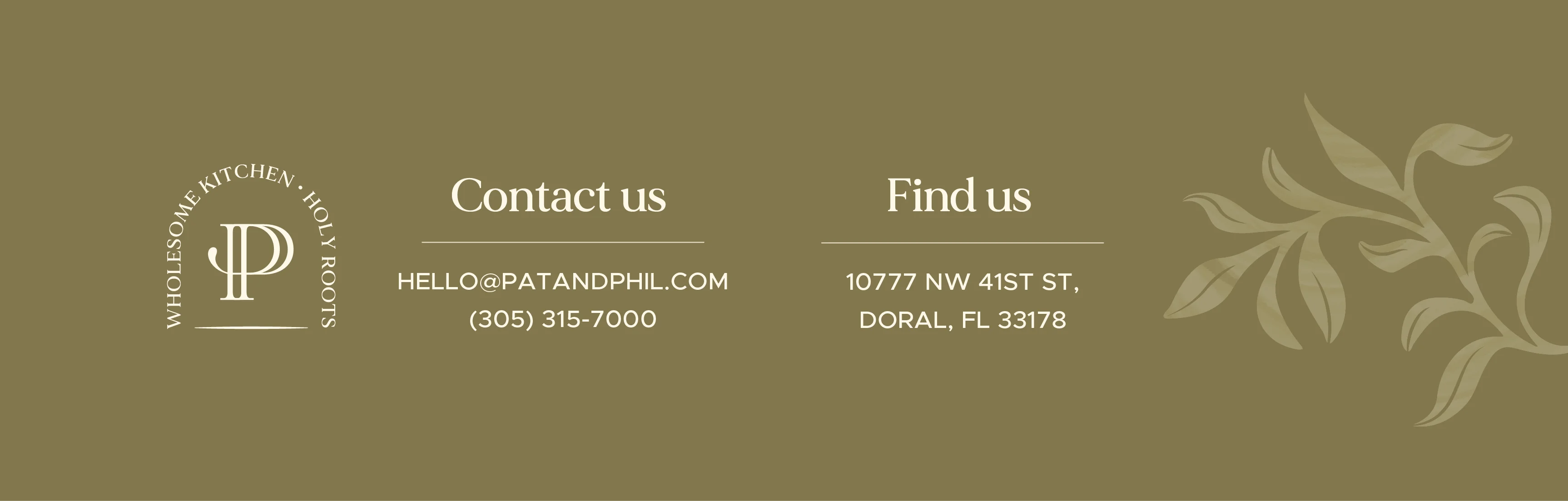 Contact information and location details for a restaurant on a stylish background