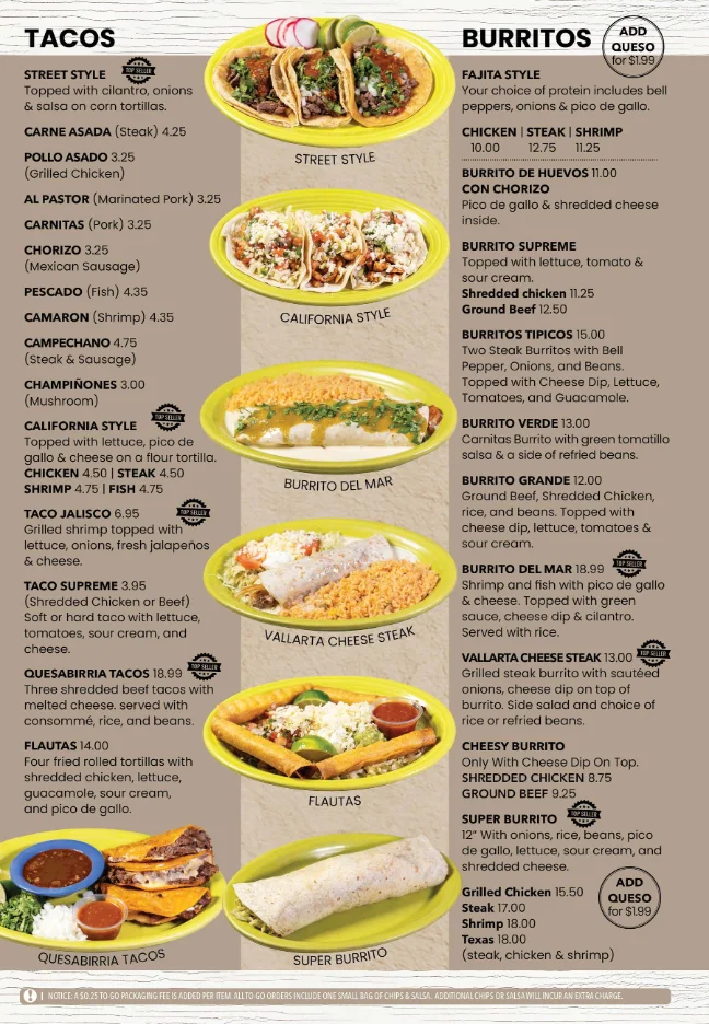 Variety of Mexican tacos and burritos on a restaurant menu