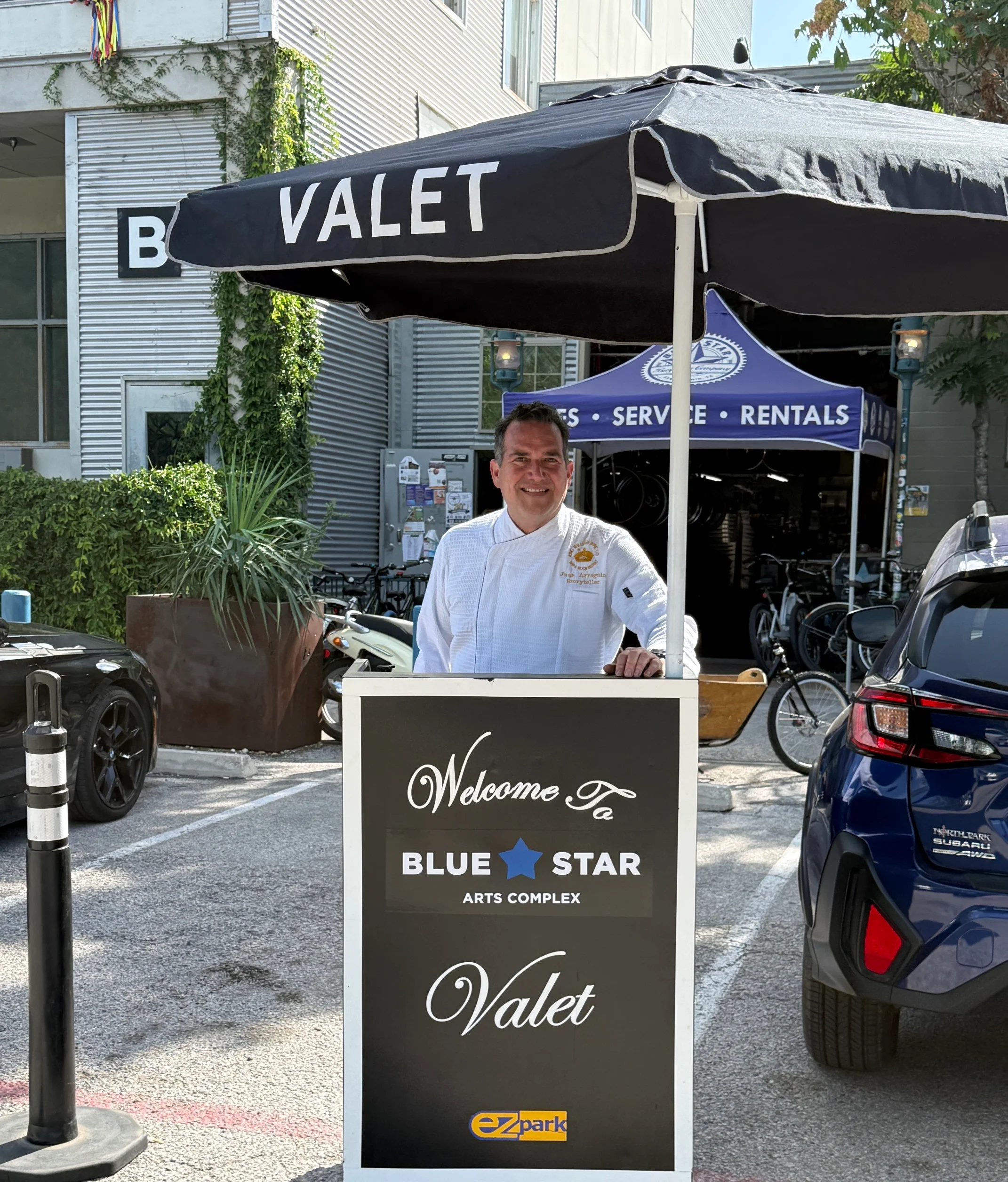 Valet service at Blue Star Arts Complex with a welcoming sign