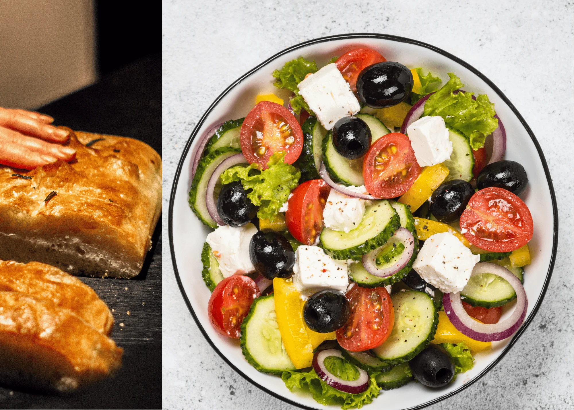 Mediterranean Greek salad with feta cheese and olives in a bowl