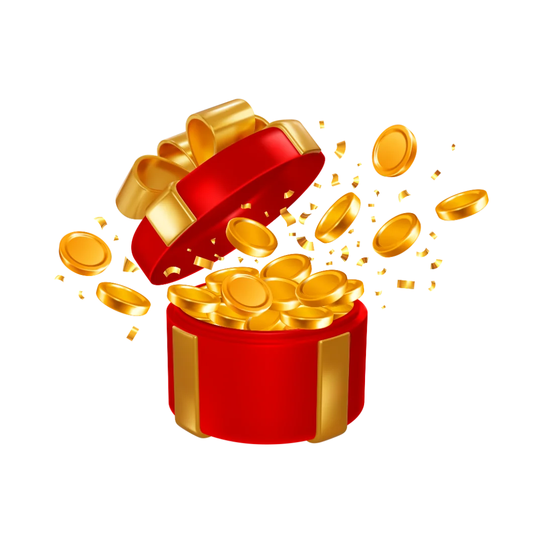 Red gift box overflowing with golden coins