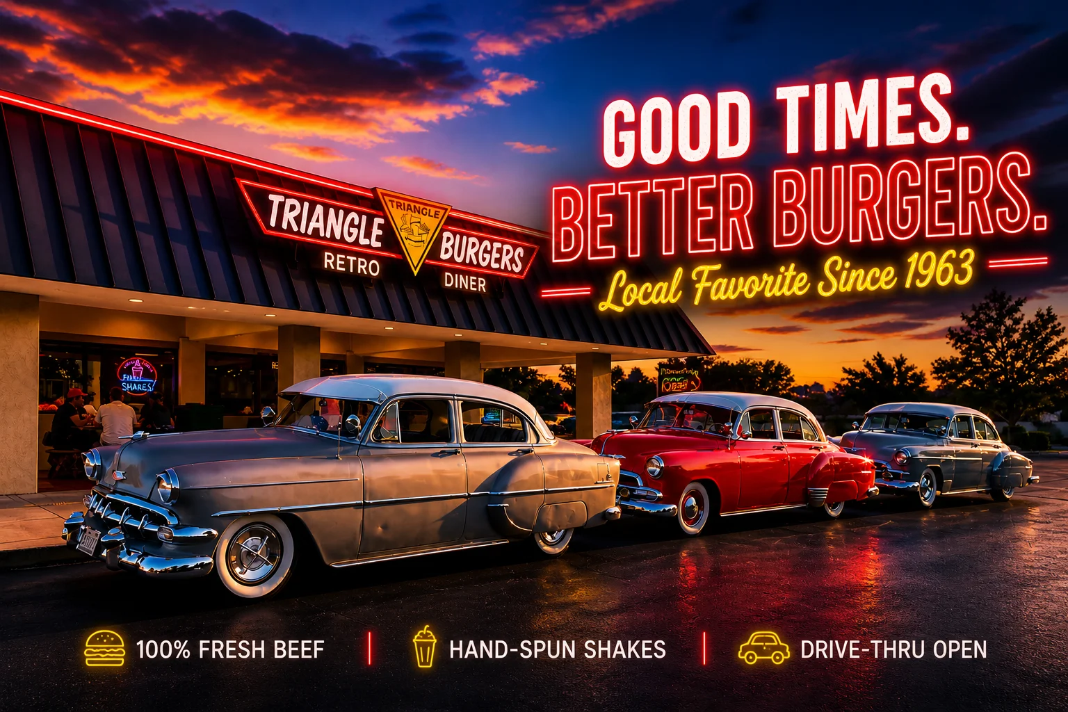 Triangle Burgers diner with classic cars at sunset, showcasing retro vibe.