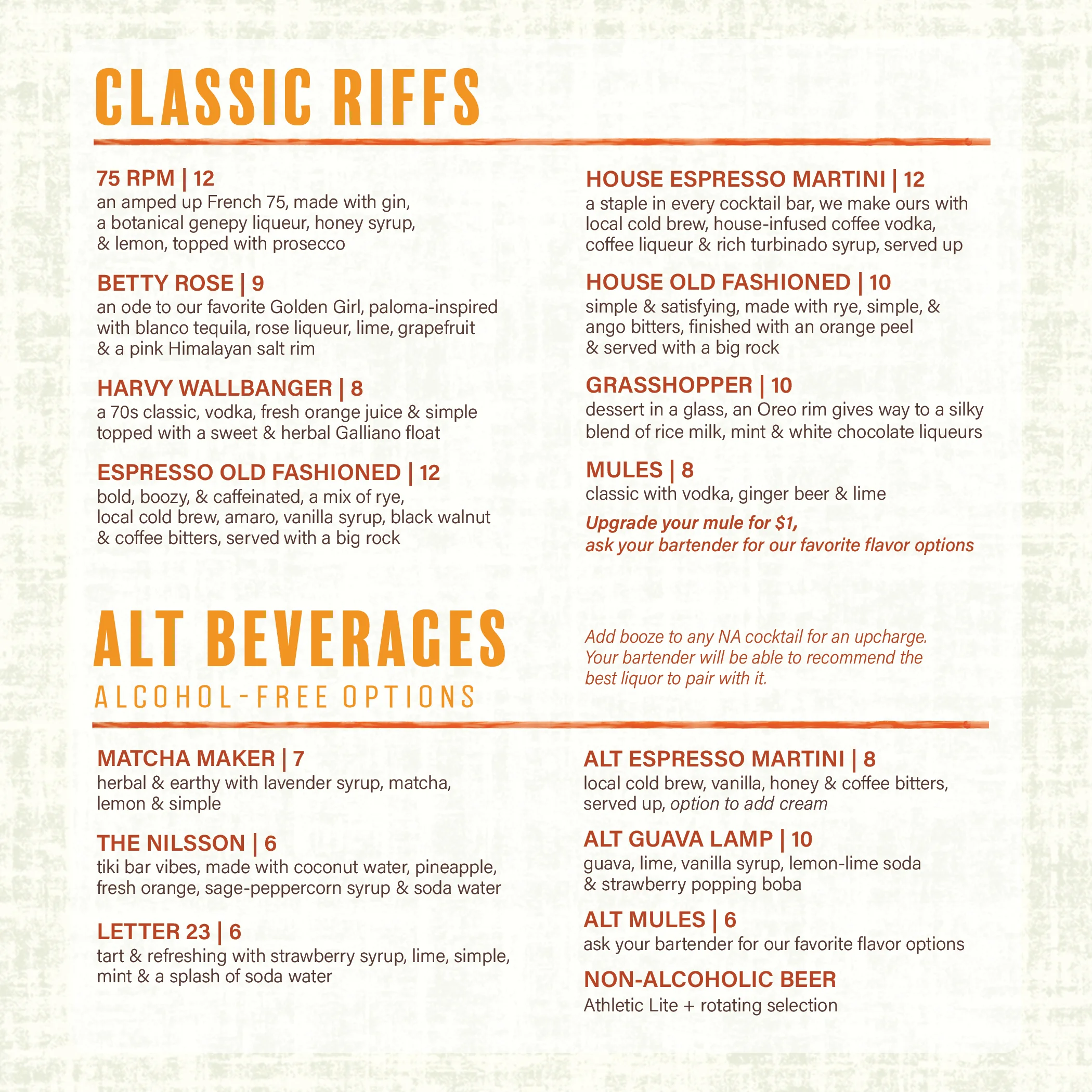 Menu featuring classic cocktails and alcohol-free options.