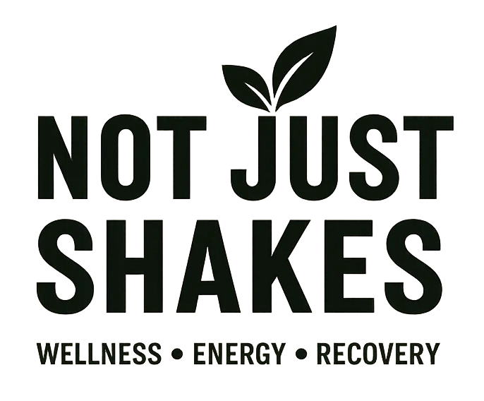 A logo for a health-focused brand featuring the name 'Not Just Shakes' along with wellness, energy, and recovery themes.