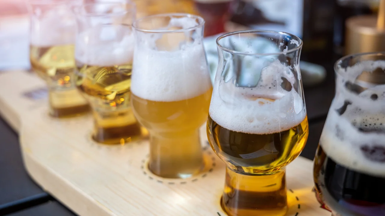Craft beer flight with various styles in tasting glasses