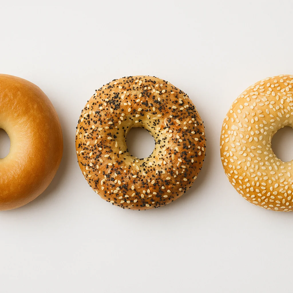 Assorted bagels including plain, everything, and sesame varieties