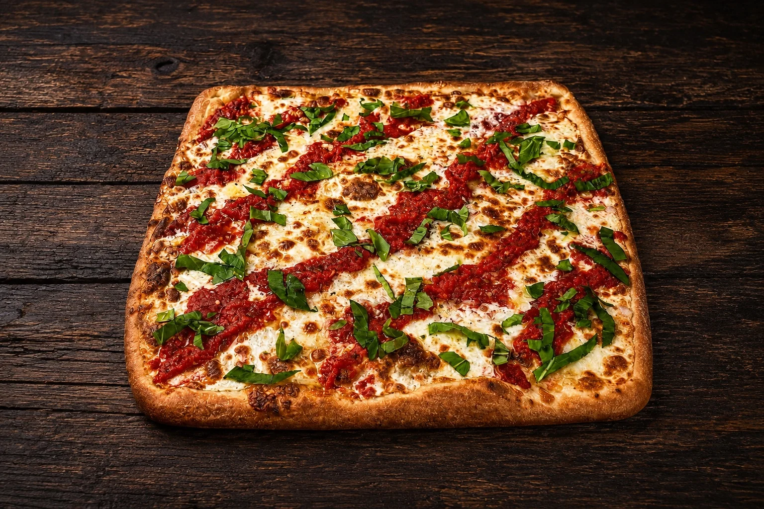 Grandma pizza with red sauce, fresh basil and browned cheese on a dark wooden table