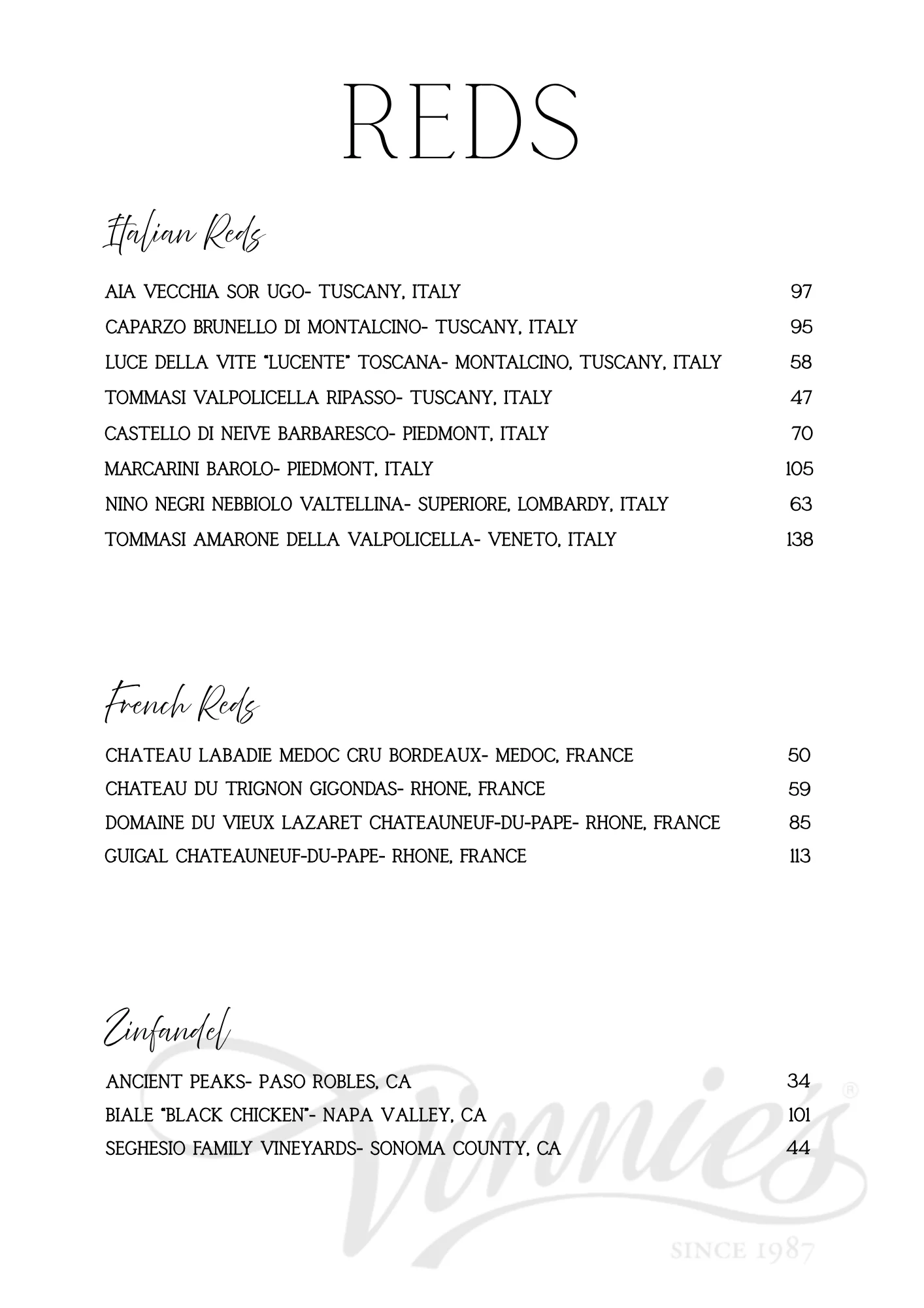 Wine list featuring Italian and French reds and Zinfandel selections