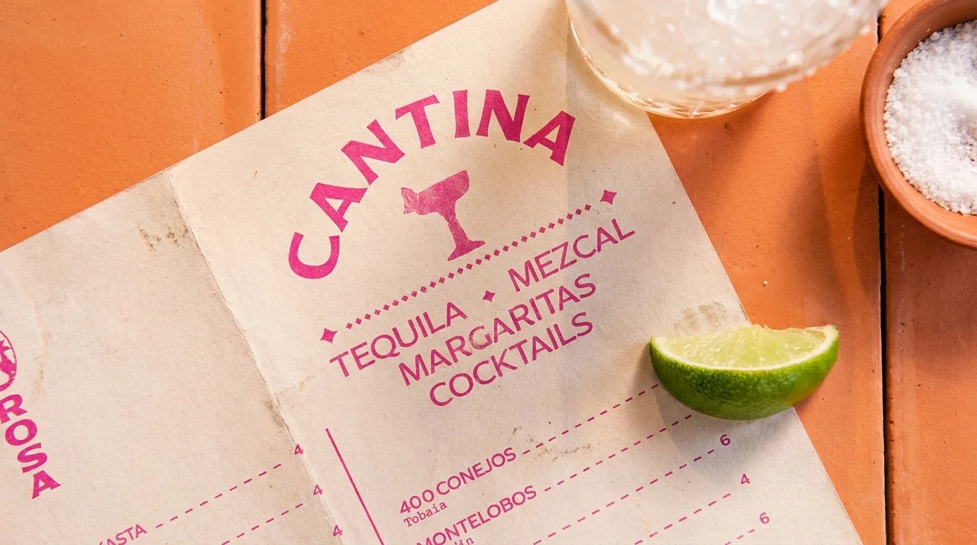 Restaurant cocktail menu with lime, salt, and drink glass on an orange table